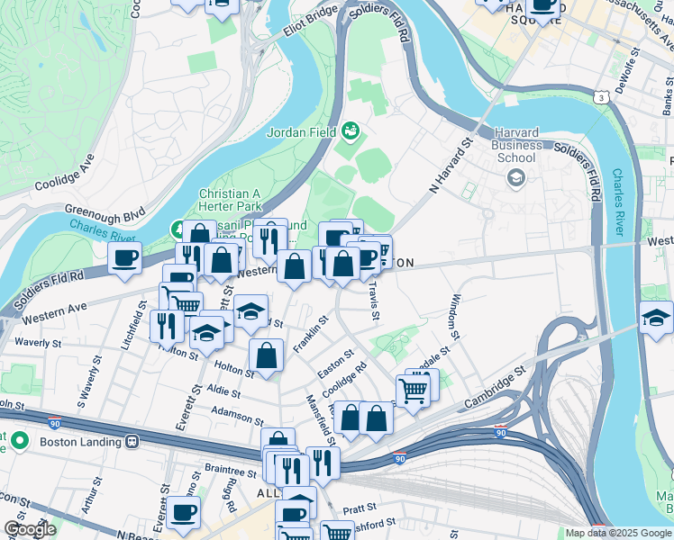 map of restaurants, bars, coffee shops, grocery stores, and more near in Boston