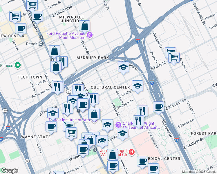 map of restaurants, bars, coffee shops, grocery stores, and more near in Detroit