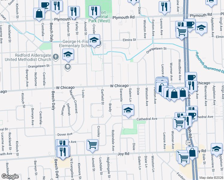 map of restaurants, bars, coffee shops, grocery stores, and more near 9277 Brady Court in Redford Charter Township