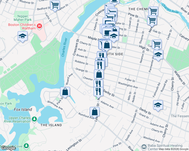 map of restaurants, bars, coffee shops, grocery stores, and more near 81 Orange Street in Waltham
