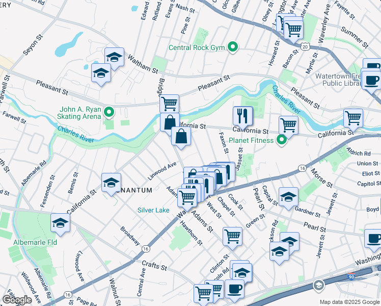 map of restaurants, bars, coffee shops, grocery stores, and more near 61r Chapel Street in Newton