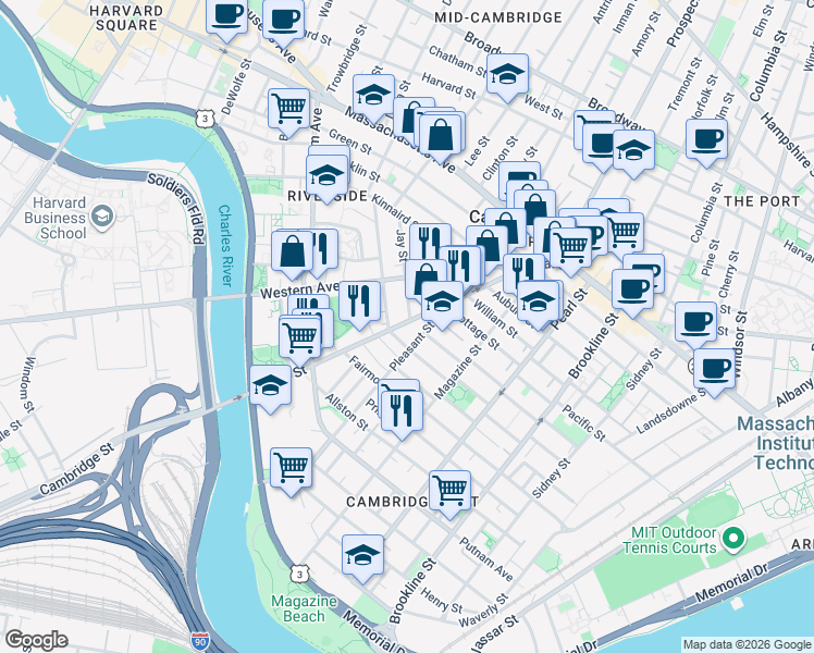 map of restaurants, bars, coffee shops, grocery stores, and more near 17 Laurel Street in Cambridge
