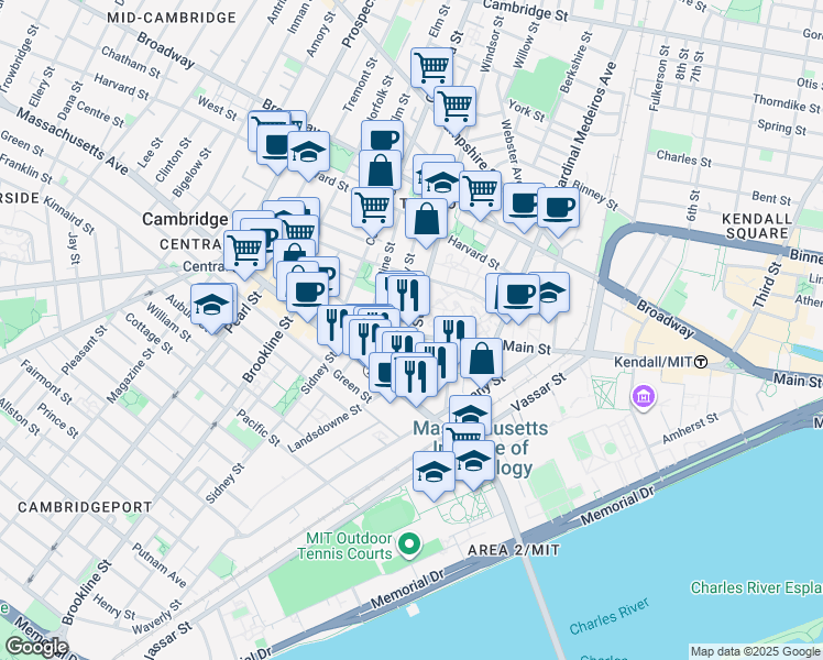 map of restaurants, bars, coffee shops, grocery stores, and more near 782 Main Street in Cambridge
