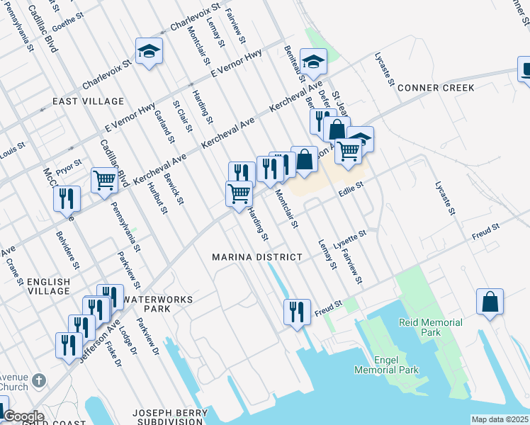 map of restaurants, bars, coffee shops, grocery stores, and more near 1231 Meadowbrook Street in Detroit