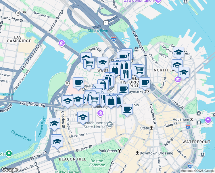 map of restaurants, bars, coffee shops, grocery stores, and more near 66 Staniford Street in Boston