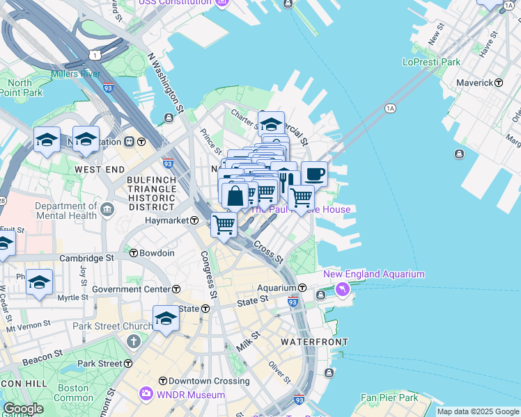 map of restaurants, bars, coffee shops, grocery stores, and more near 35 Quincy Court in Boston