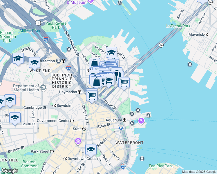 map of restaurants, bars, coffee shops, grocery stores, and more near 105 Richmond Street in Boston