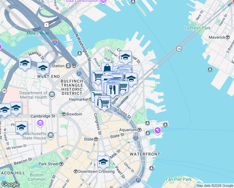 map of restaurants, bars, coffee shops, grocery stores, and more near in Boston