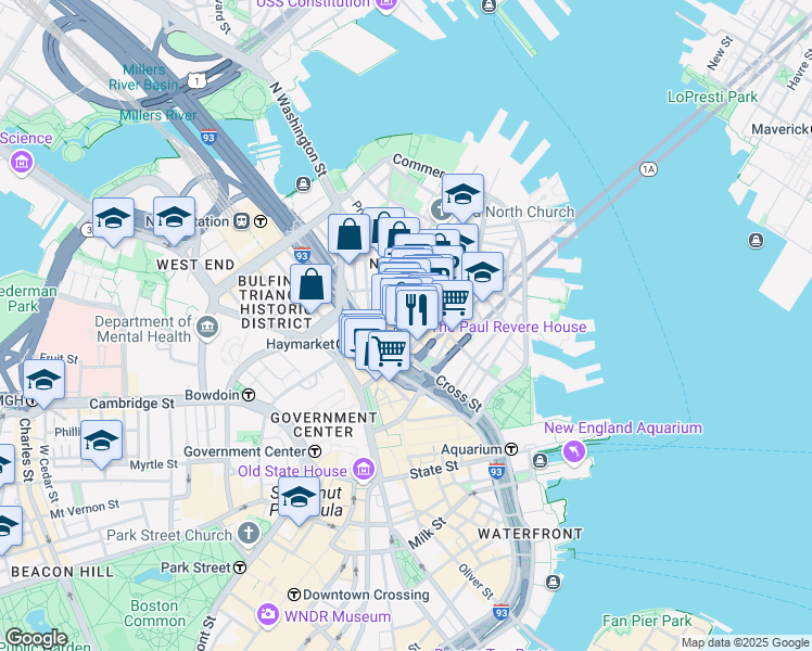 map of restaurants, bars, coffee shops, grocery stores, and more near 36 Salem Street in Boston