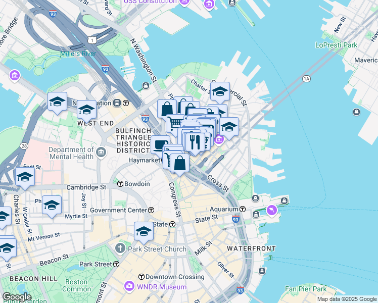 map of restaurants, bars, coffee shops, grocery stores, and more near 36 Salem Street in Boston