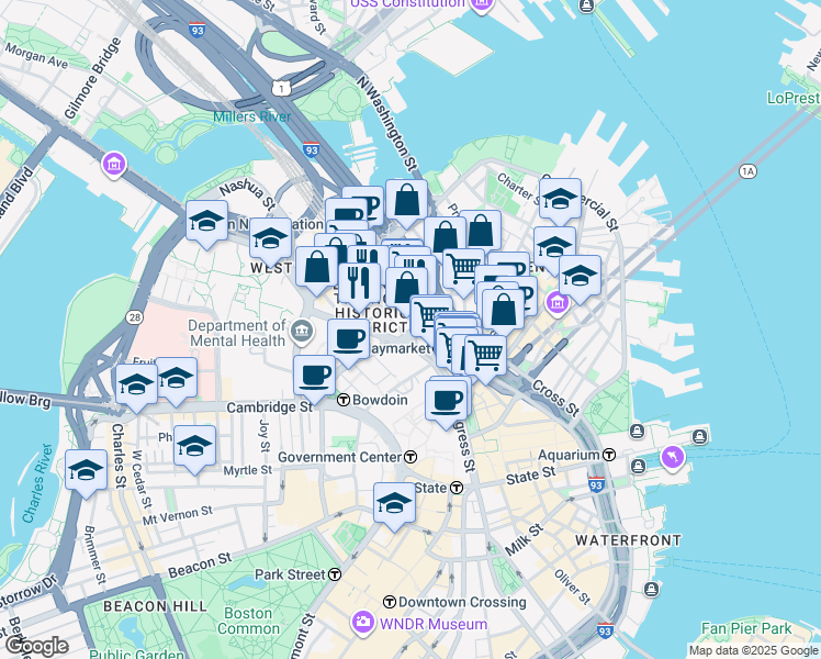 map of restaurants, bars, coffee shops, grocery stores, and more near 1 Congress Street in Boston