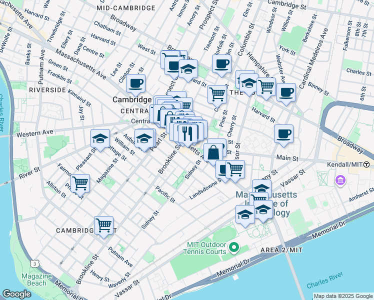 map of restaurants, bars, coffee shops, grocery stores, and more near 129 Franklin Street in Cambridge