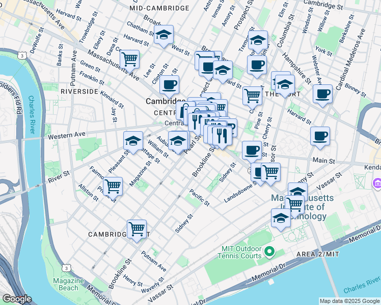 map of restaurants, bars, coffee shops, grocery stores, and more near 172 Franklin Street in Cambridge
