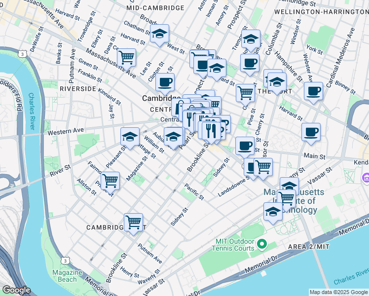 map of restaurants, bars, coffee shops, grocery stores, and more near 172 Franklin Street in Cambridge
