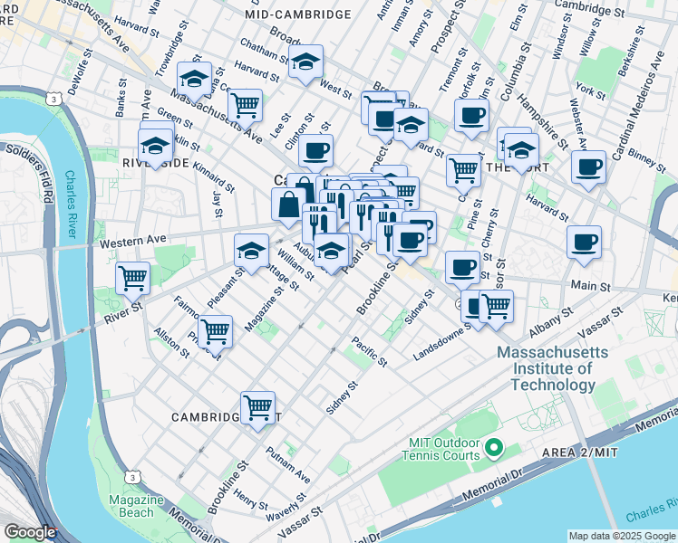 map of restaurants, bars, coffee shops, grocery stores, and more near 71 Pearl Street in Cambridge