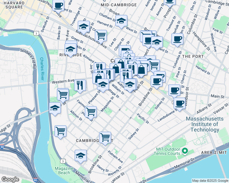 map of restaurants, bars, coffee shops, grocery stores, and more near 17 Pleasant Place in Cambridge