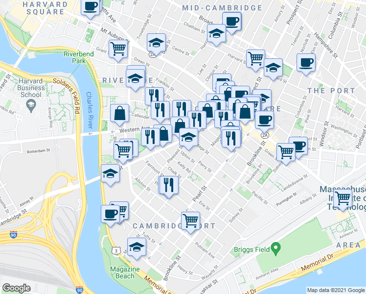 map of restaurants, bars, coffee shops, grocery stores, and more near 30 Upton Street in Cambridge
