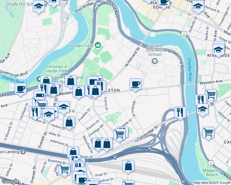 map of restaurants, bars, coffee shops, grocery stores, and more near 146 Western Avenue in Boston
