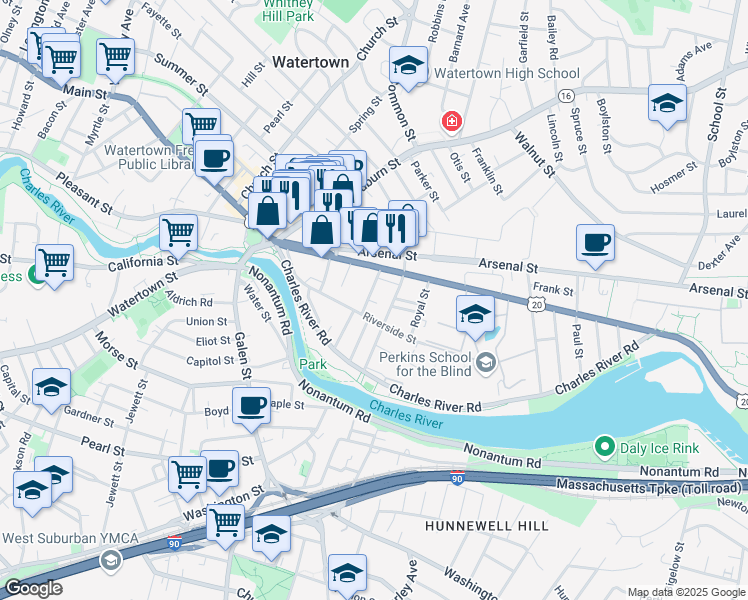 map of restaurants, bars, coffee shops, grocery stores, and more near 117 Irving Street in Watertown