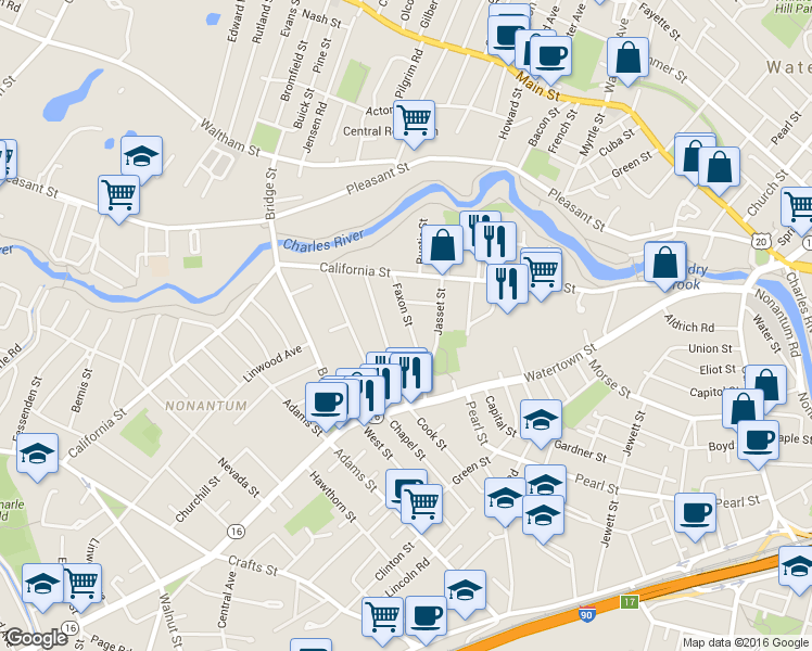 map of restaurants, bars, coffee shops, grocery stores, and more near 59 Faxon Street in Newton