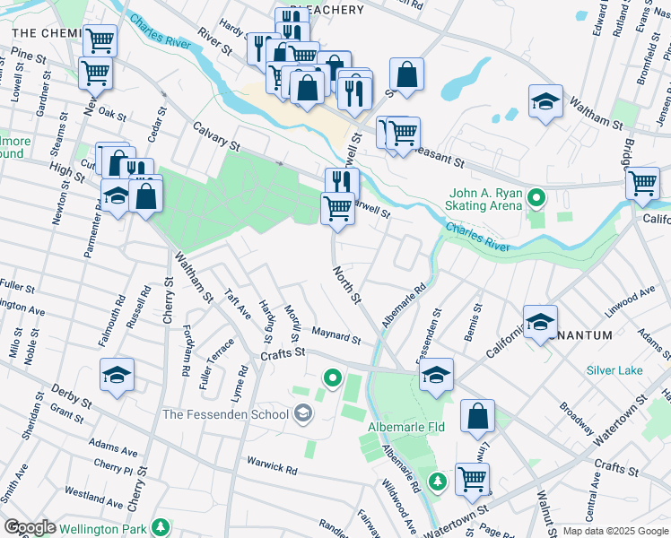 map of restaurants, bars, coffee shops, grocery stores, and more near 110 North Street in Newton