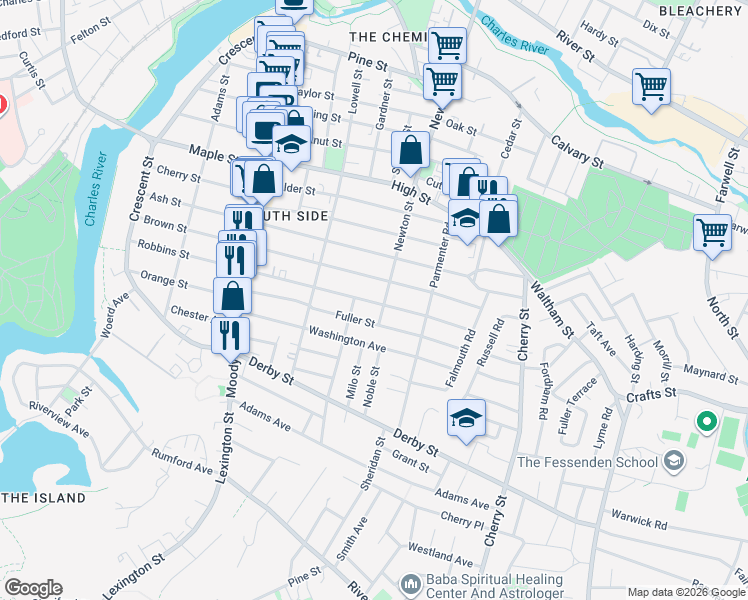 map of restaurants, bars, coffee shops, grocery stores, and more near 48 Fuller Street in Waltham
