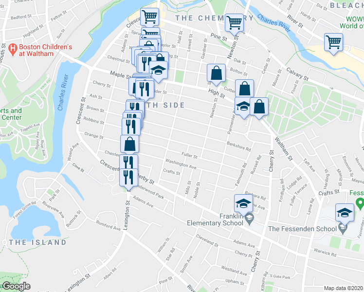 map of restaurants, bars, coffee shops, grocery stores, and more near 20 Fuller Street in Waltham