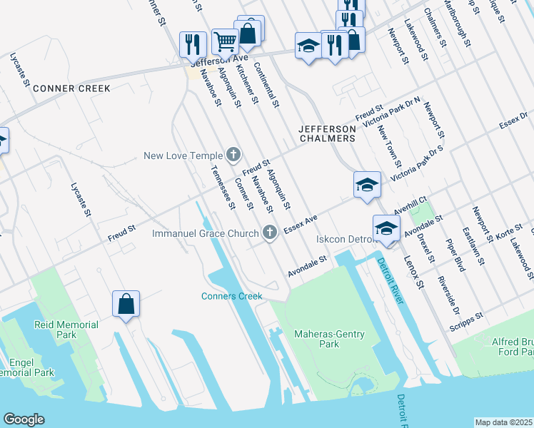 map of restaurants, bars, coffee shops, grocery stores, and more near 567 Conner Street in Detroit