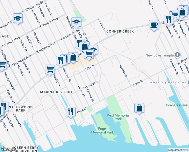 map of restaurants, bars, coffee shops, grocery stores, and more near 610 Beniteau Street in Detroit