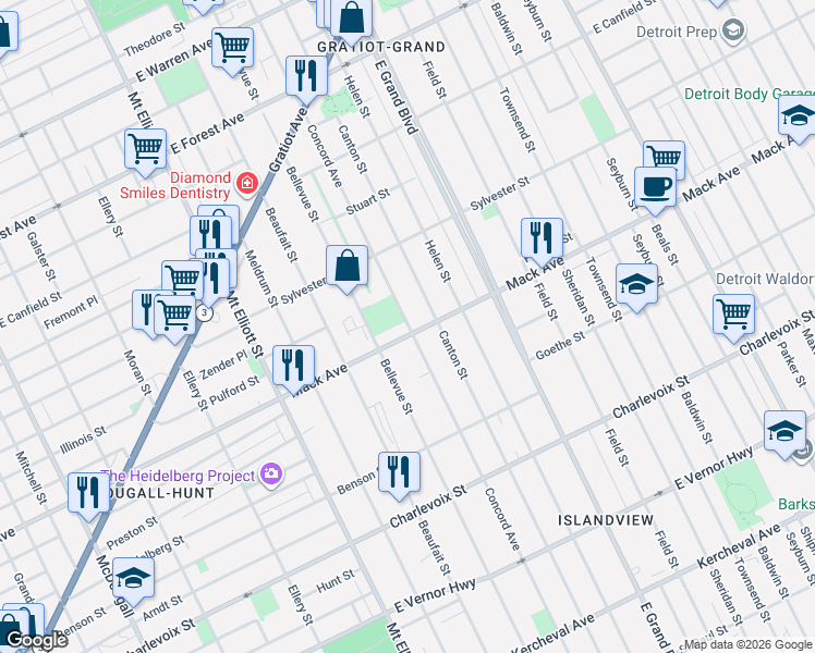 map of restaurants, bars, coffee shops, grocery stores, and more near 6804 Mack Avenue in Detroit