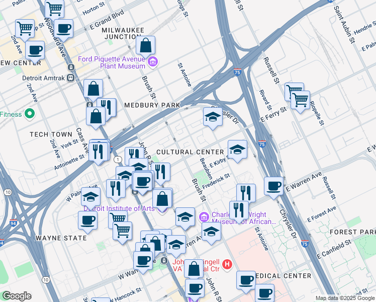 map of restaurants, bars, coffee shops, grocery stores, and more near in Detroit