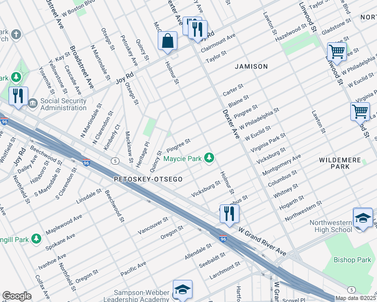 map of restaurants, bars, coffee shops, grocery stores, and more near 4109 West Philadelphia Street in Detroit