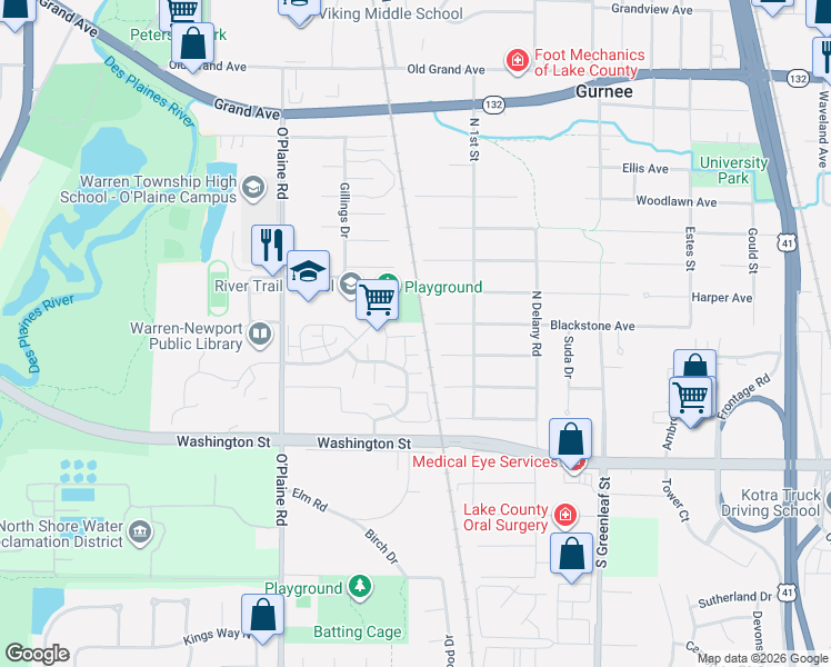map of restaurants, bars, coffee shops, grocery stores, and more near 242 Wellington Circle in Gurnee