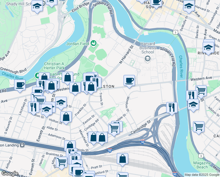 map of restaurants, bars, coffee shops, grocery stores, and more near 150 Western Avenue in Boston