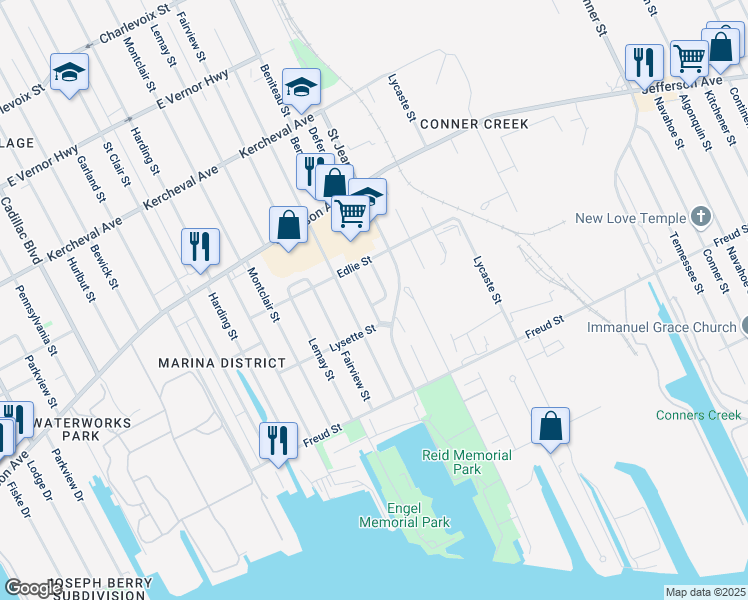 map of restaurants, bars, coffee shops, grocery stores, and more near 610 Beniteau Street in Detroit