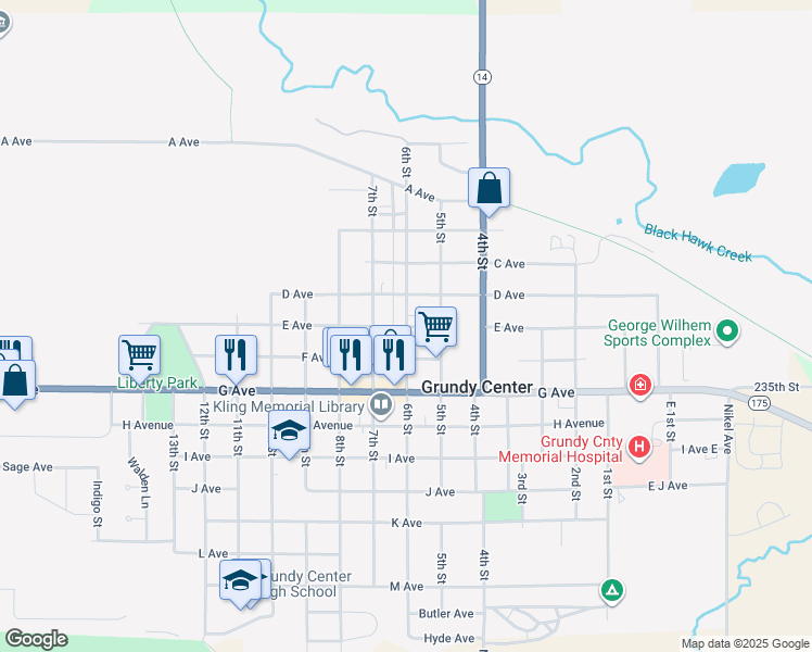 map of restaurants, bars, coffee shops, grocery stores, and more near 600 E Avenue in Grundy Center
