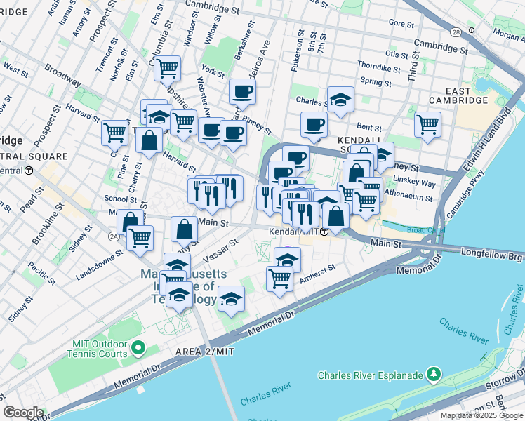 map of restaurants, bars, coffee shops, grocery stores, and more near 455 Main Street in Cambridge