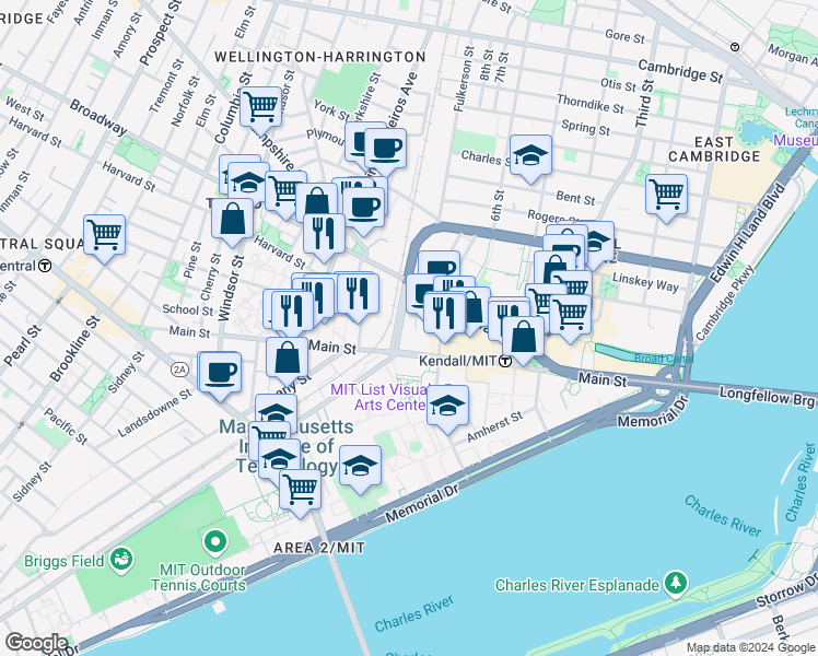 map of restaurants, bars, coffee shops, grocery stores, and more near 455 Main Street in Cambridge