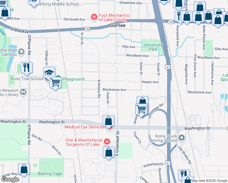 map of restaurants, bars, coffee shops, grocery stores, and more near 229 Suda Drive in Gurnee