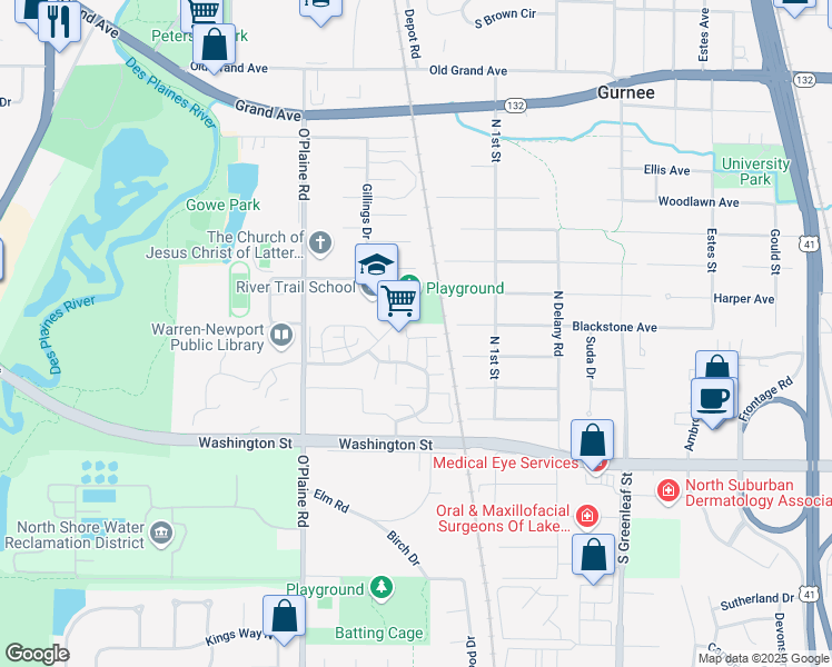 map of restaurants, bars, coffee shops, grocery stores, and more near 154 Wellington Circle in Gurnee