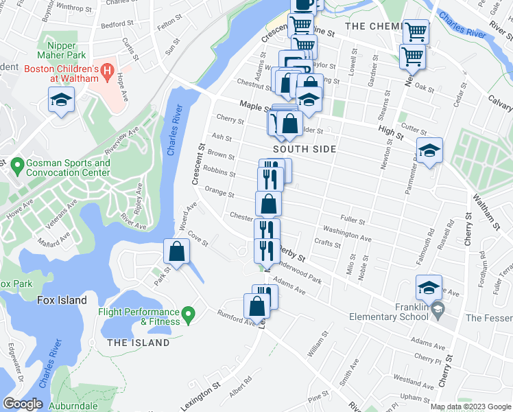 map of restaurants, bars, coffee shops, grocery stores, and more near 83 Orange Street in Waltham