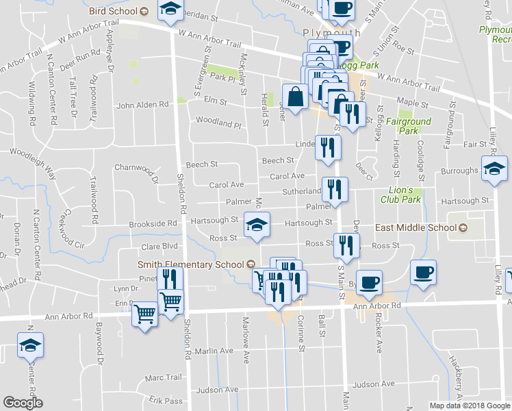 map of restaurants, bars, coffee shops, grocery stores, and more near 1201 Palmer in Plymouth