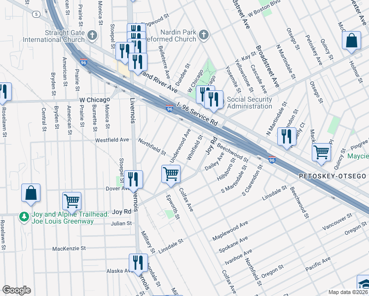 map of restaurants, bars, coffee shops, grocery stores, and more near 5085 Underwood Avenue in Detroit