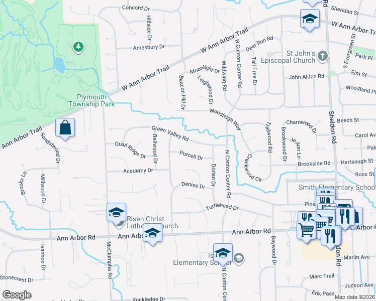 map of restaurants, bars, coffee shops, grocery stores, and more near 45633 Purcell Drive in Plymouth