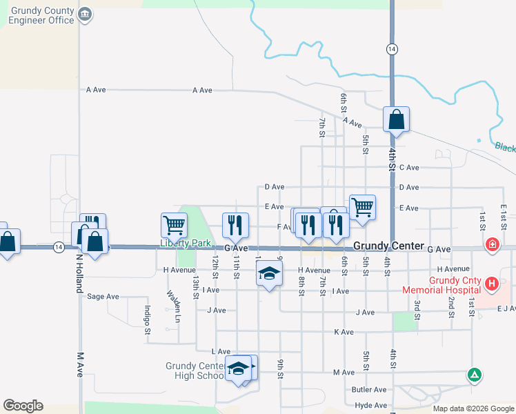 map of restaurants, bars, coffee shops, grocery stores, and more near 500 10th Street in Grundy Center