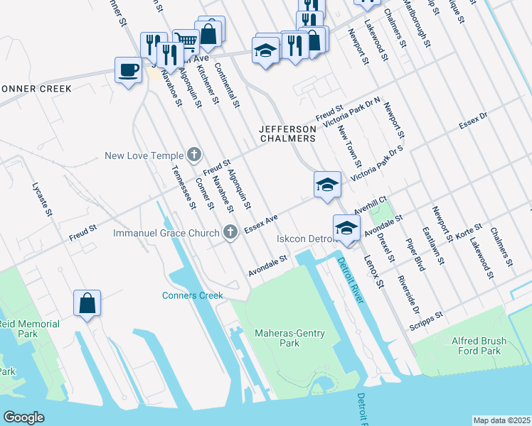map of restaurants, bars, coffee shops, grocery stores, and more near 497 Kitchener Street in Detroit