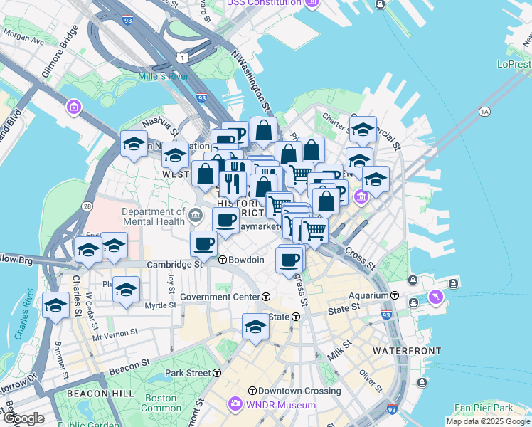 map of restaurants, bars, coffee shops, grocery stores, and more near 1 Congress Street in Boston