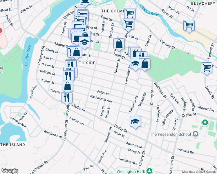 map of restaurants, bars, coffee shops, grocery stores, and more near 48 Fuller Street in Waltham