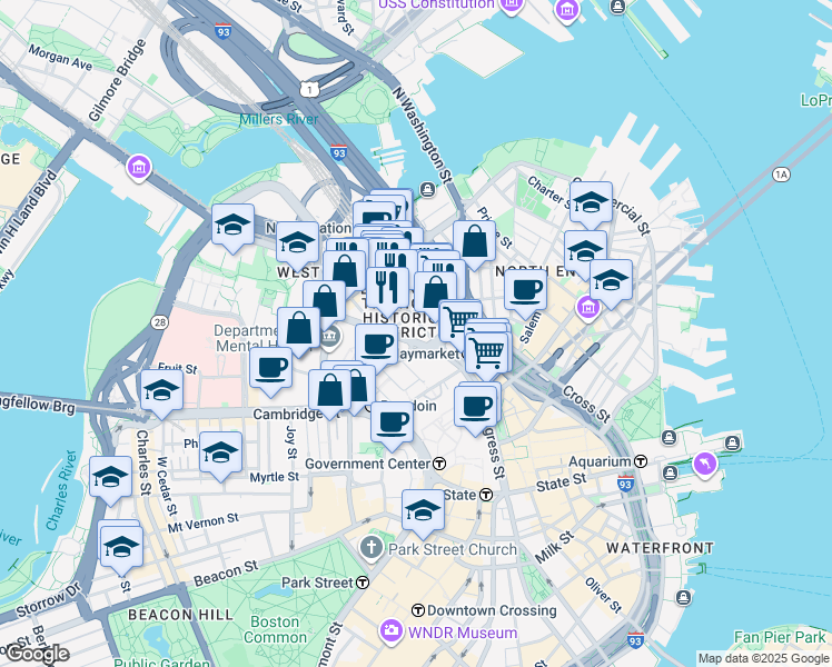 map of restaurants, bars, coffee shops, grocery stores, and more near 50 New Chardon Street in Boston