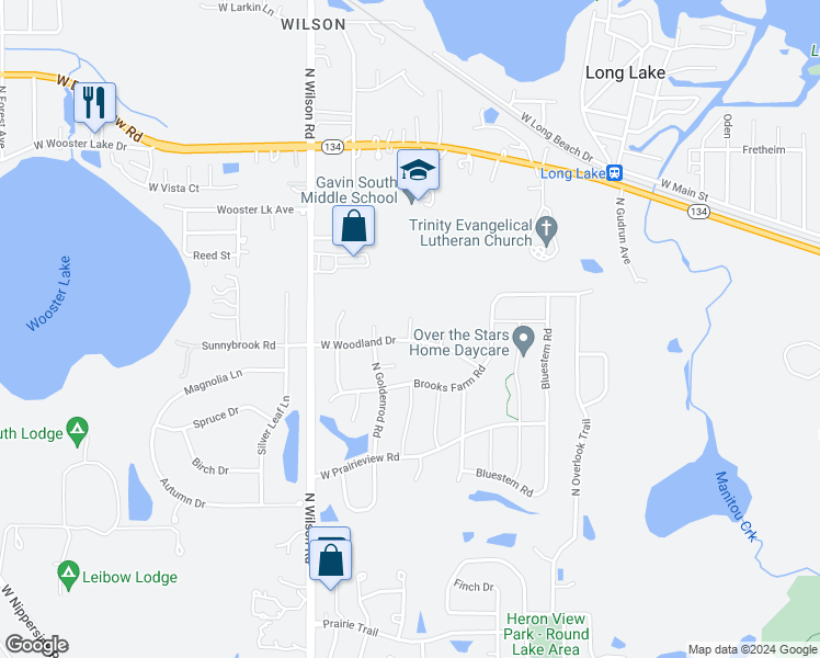 map of restaurants, bars, coffee shops, grocery stores, and more near 34412 Aster Court in Round Lake